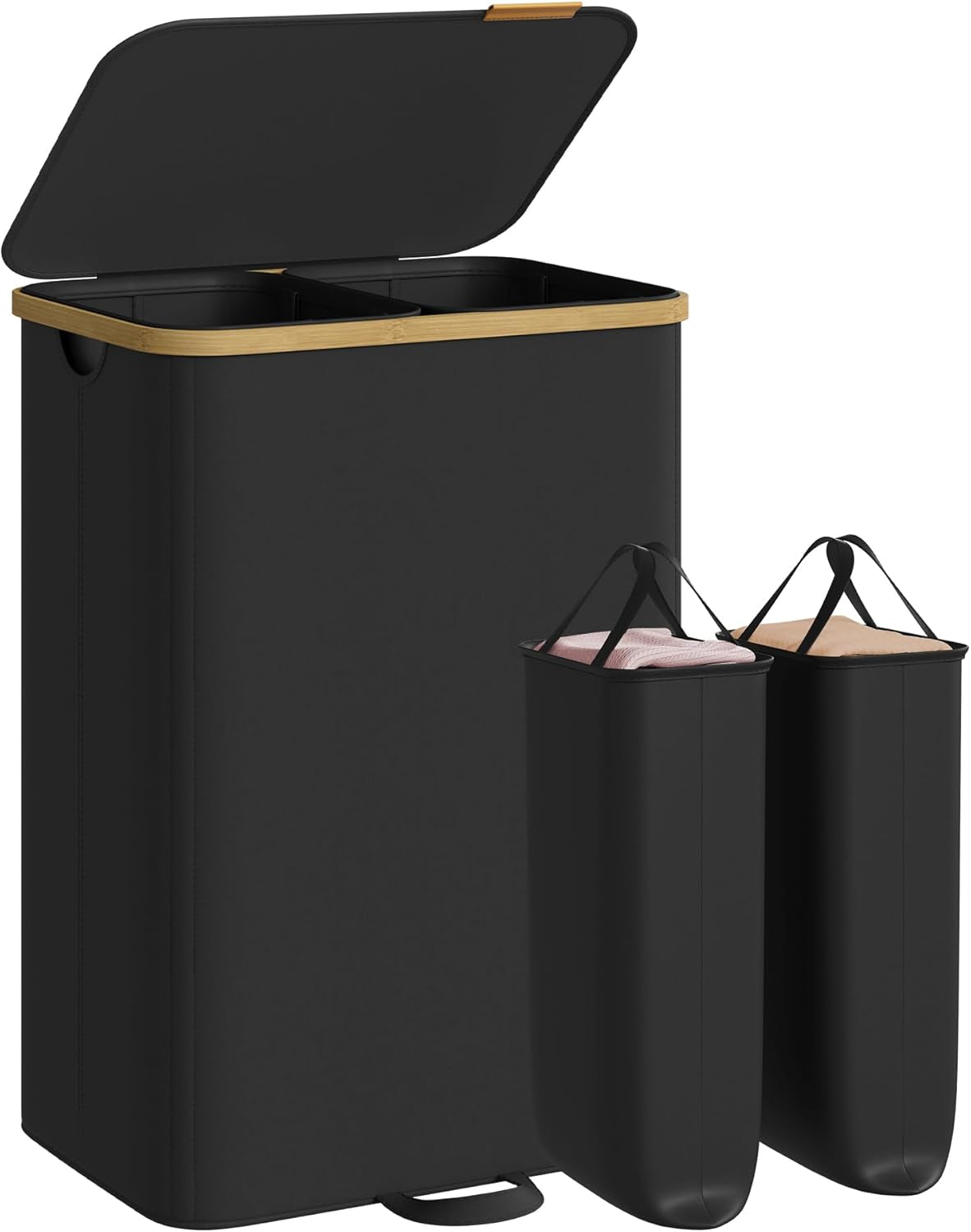 Laundry Hamper, Laundry Sorter with Lid, Storage Basket Bin, Removable Liners, Bamboo Frame, for Bedroom, 2 Sections, 39.6 Gal. (150 L), Ink Black ULCB532BH01