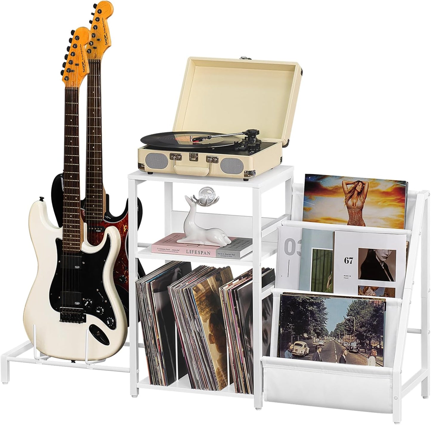 Record Player Table,Adjustable Guitar Stand for Acoustic Guitar, Electric Guitar, Bass, White Turntable Holder with Vinyl Storage up to 150 Albums, Side Table with Magazine Periodical Rack