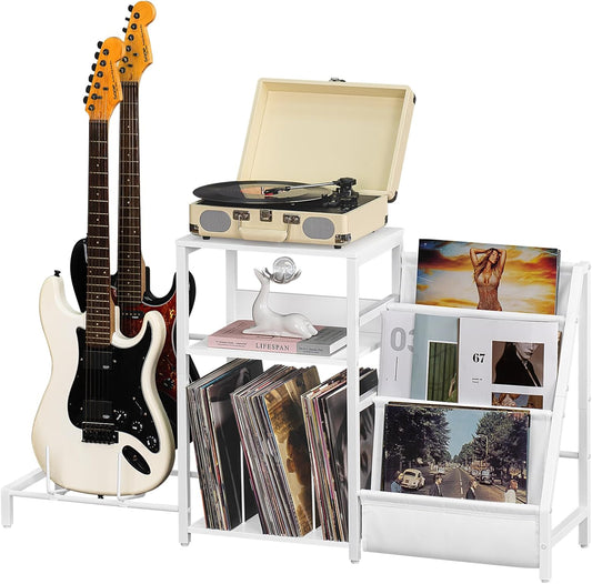 Record Player Table,Adjustable Guitar Stand for Acoustic Guitar, Electric Guitar, Bass, White Turntable Holder with Vinyl Storage up to 150 Albums, Side Table with Magazine Periodical Rack