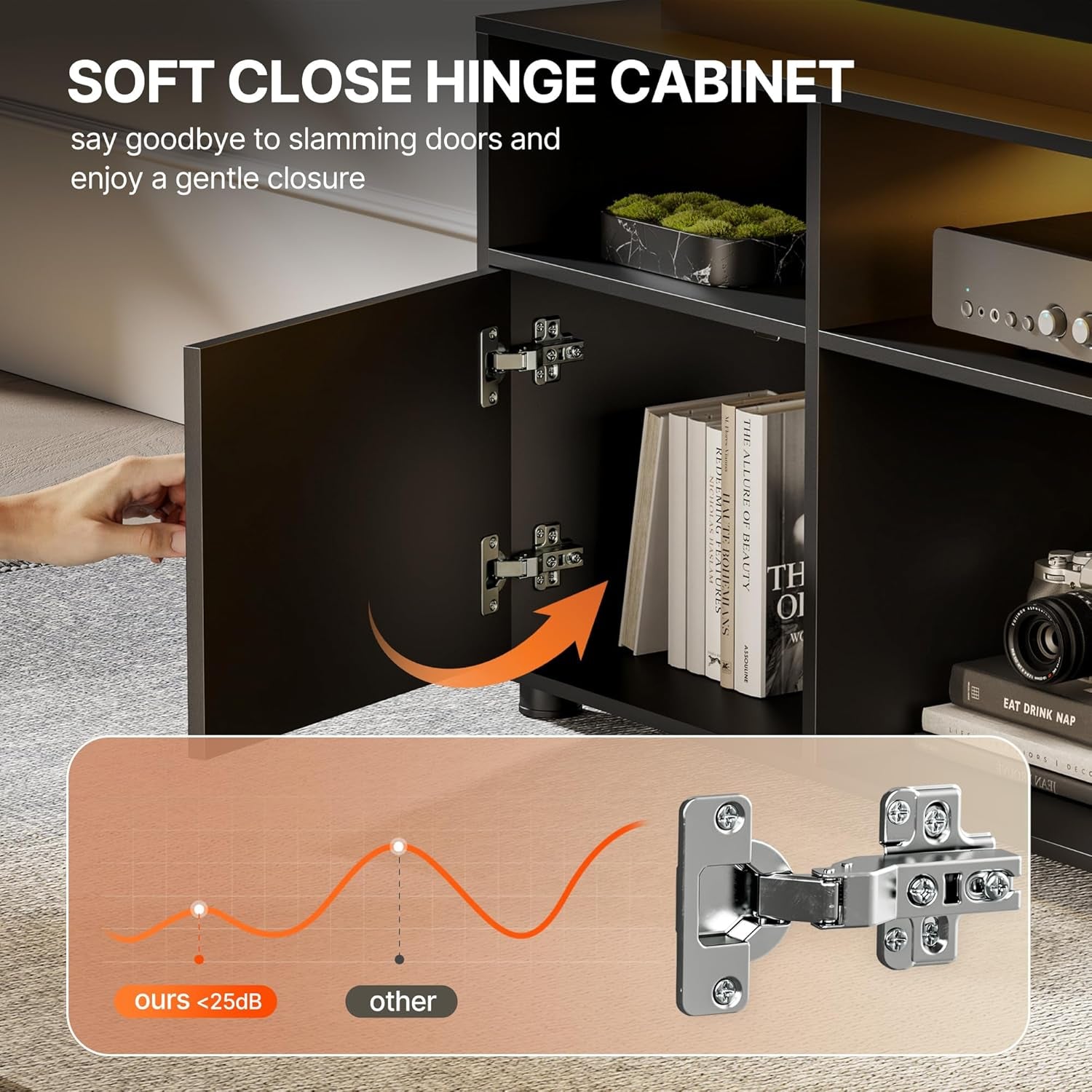 TV Stand, Entertainment Center with LED Lights and Cabinet for 70/75/80 Inch TV, Modern TV Console Gaming Media Television Stands with Power Outlets for PS5 in Living Room and Bedroom, Black