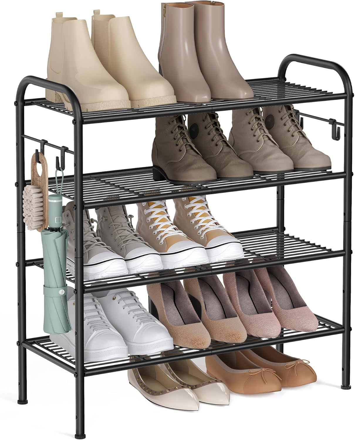 Shoe Rack, 2-Tier Shoe Organizer, Metal Shoe Shelf Storage with 4 Side Hooks, Holds 12 Pairs of Shoes, Height-Adjustable Shoe Rack for Entryway, Hallway, Closet, Easy Assembly, Ink Black