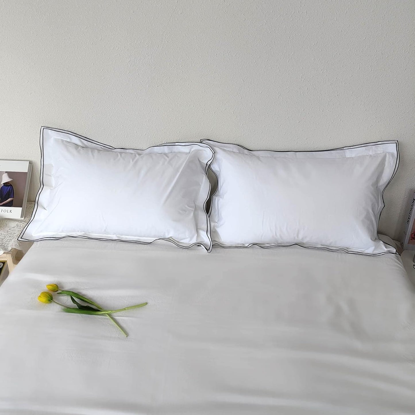 Set of 2 Elegant Embroidery Pillowcases, King Size, 100% Cotton - White Good Feeling Shams, Elegant Trims, Softer and Breathable Pillow Covers, 20X36 Inches
