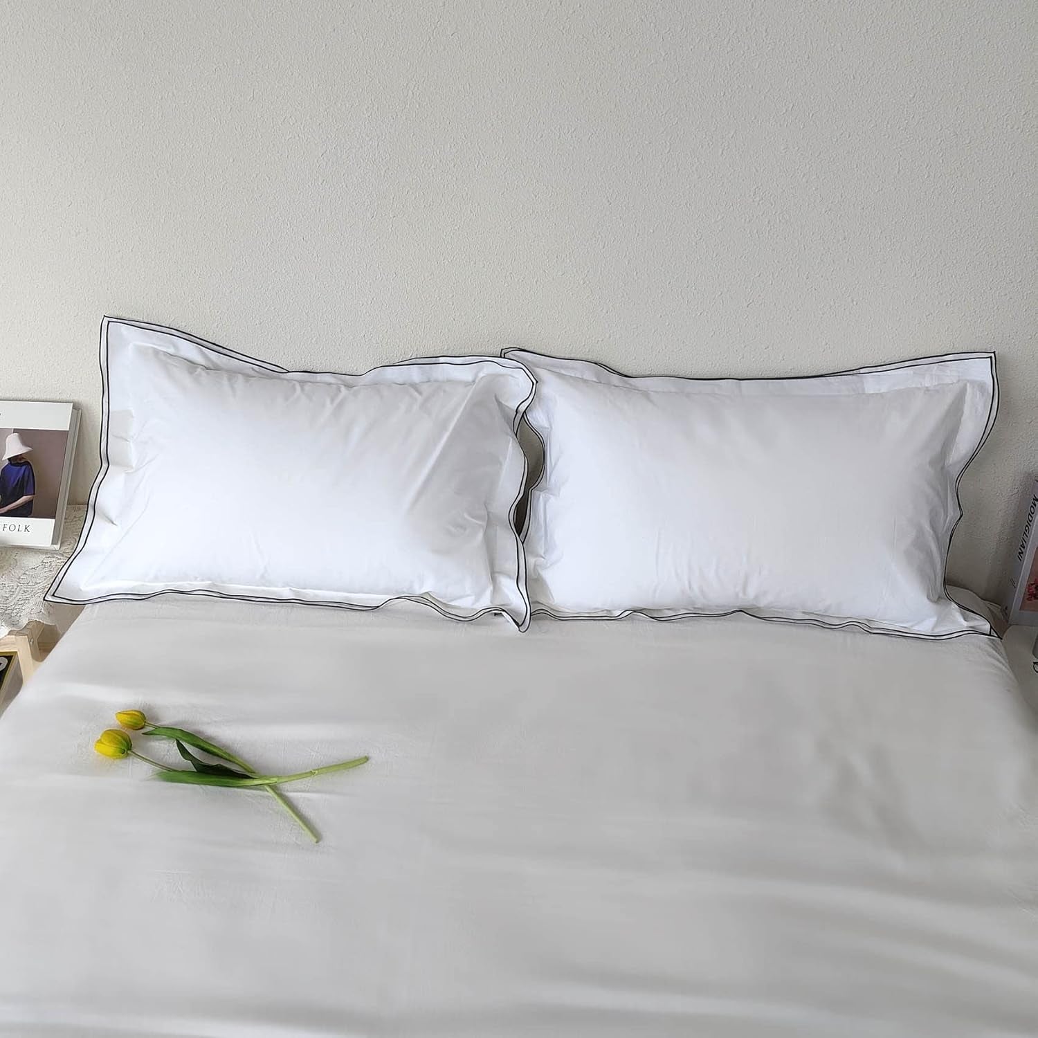 Set of 2 Elegant Embroidery Pillowcases, King Size, 100% Cotton - White Good Feeling Shams, Elegant Trims, Softer and Breathable Pillow Covers, 20X36 Inches