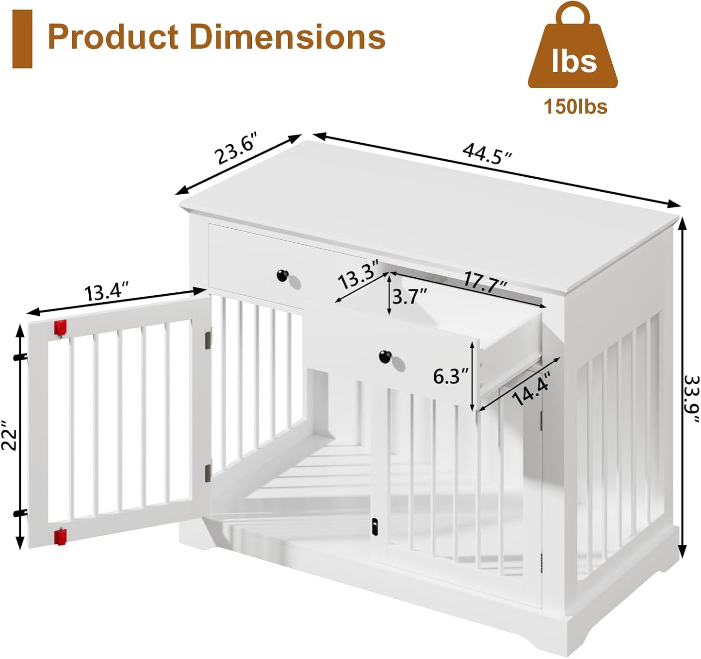 44Inch Dog Crate Furniture with Drawers,Wooden Dog Kennel Furniture for Large Breed,White End Table Wood Dog House for Indoor Use,For Small/Medium/Large Dog