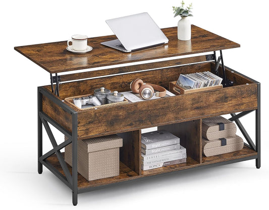 Lift Top Coffee Table, Lift Coffee Table with Storage Shelf, Hidden Compartments and Lifting Top, for Living Room, Office, 19.7 X 47.2 X (19.3-24.4) Inches, Rustic Brown and Black ULCT212B01