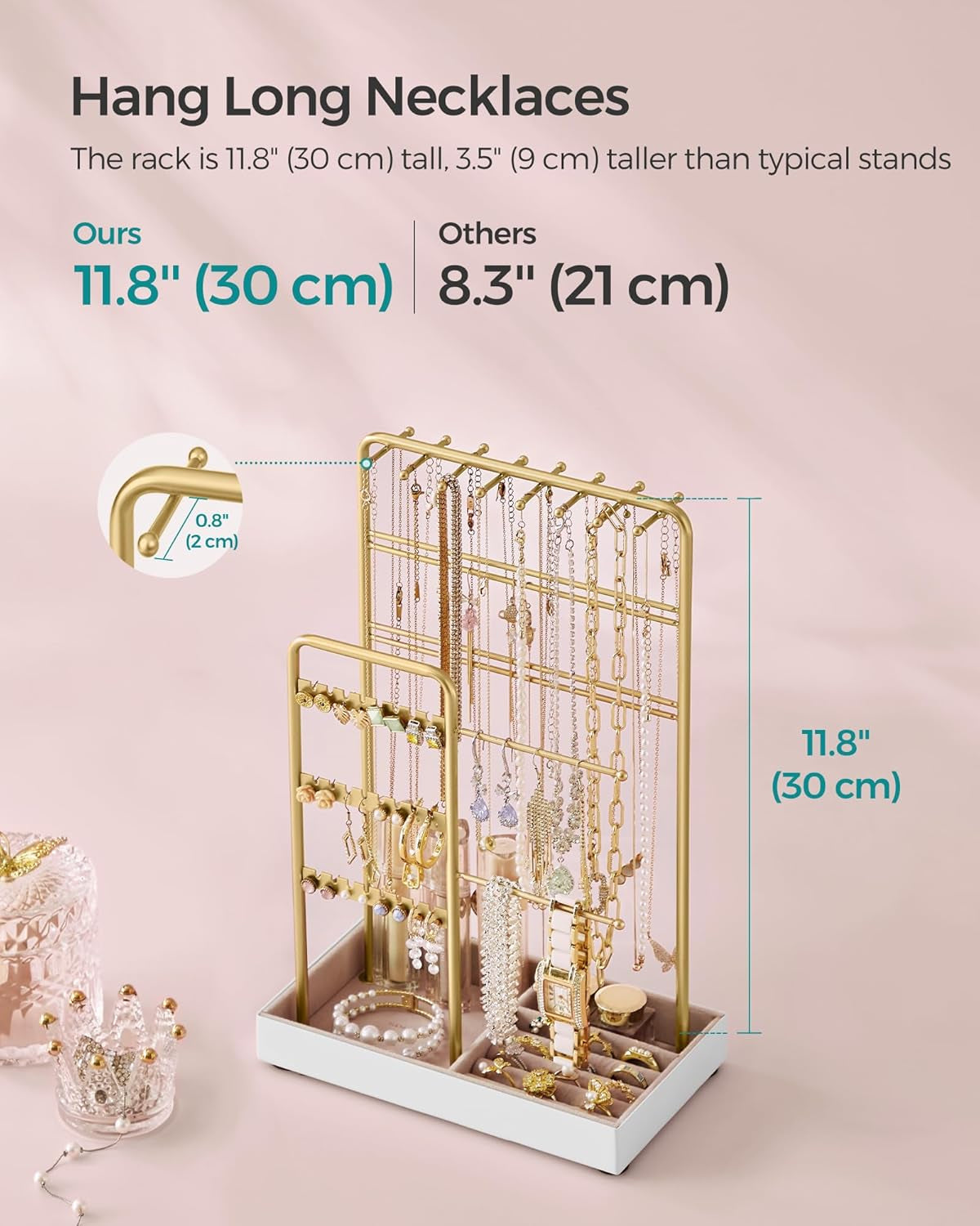 Jewelry Holder, Jewelry Organizer, Jewelry Display Stand with Metal Frame, Velvet Tray, Necklace Earring Bracelet Holder, for Studs, Rings, Gift Idea, Pale Gold UJJS021A01