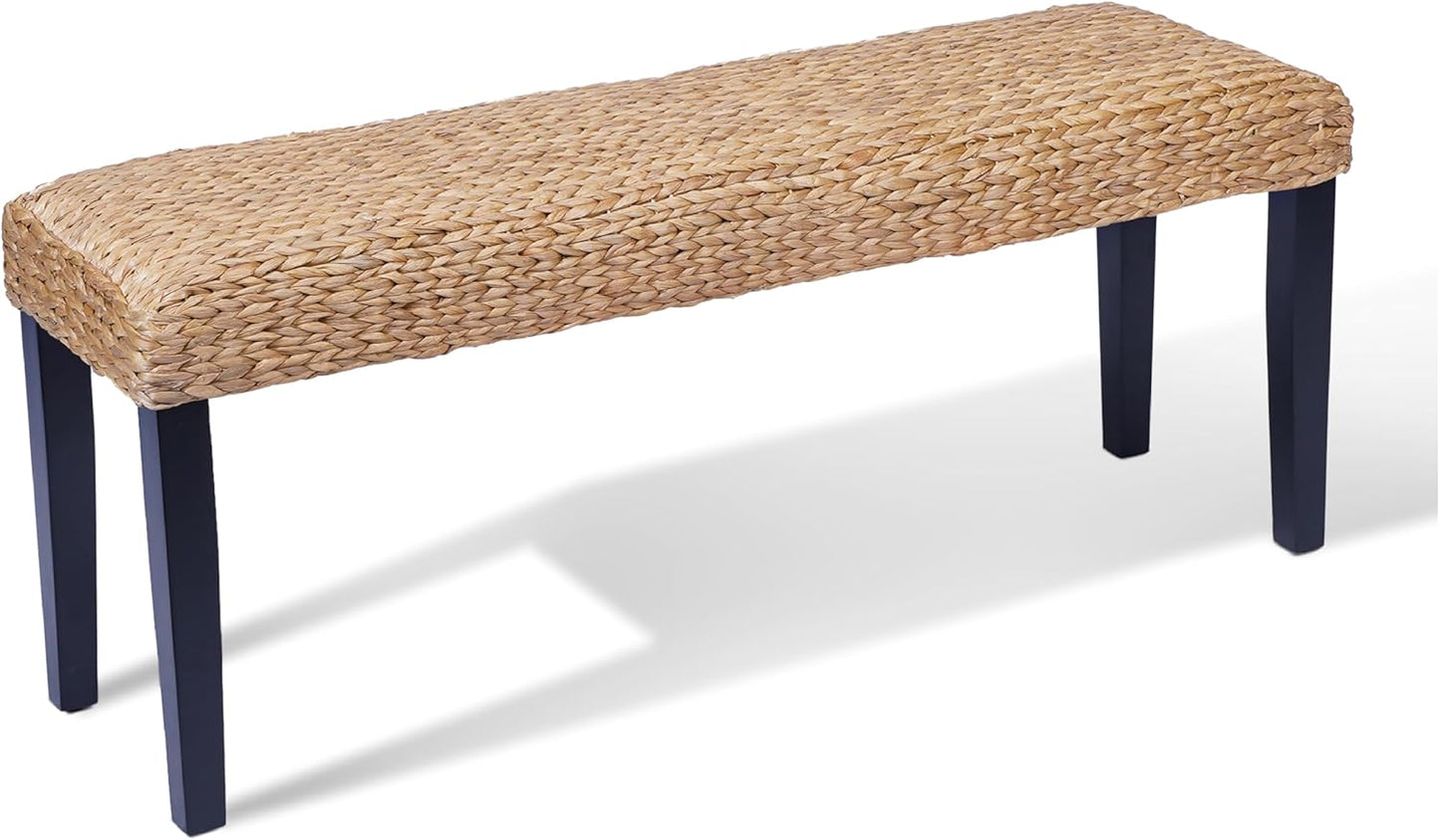 Solid Wood Acacia Bench with Natural Woven Seat, Boho Bench Entryway, Wood Bench for Living Room, Porch Lawn Garden Yard or Entryway (Fishbone Style - Black Leg, Water Hyacinth)