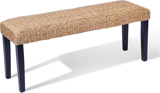 Solid Wood Acacia Bench with Natural Woven Seat, Boho Bench Entryway, Wood Bench for Living Room, Porch Lawn Garden Yard or Entryway (Fishbone Style - Black Leg, Water Hyacinth)