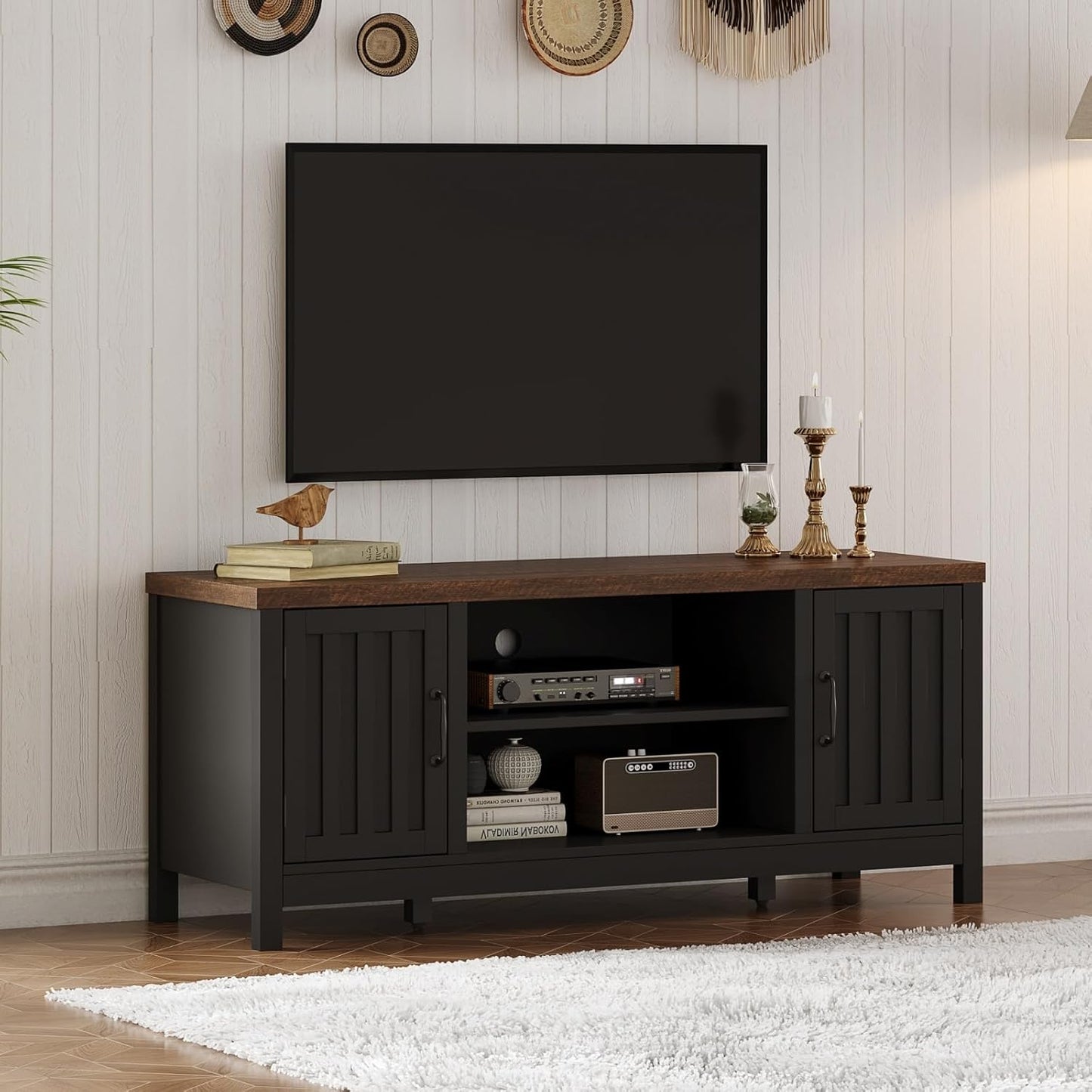 Farmhouse TV Stand for Televisions up to 55 Inches, Entertainment Center Console Table Media Furniture with Storage Cabinets and Open Shelves, Fluted Door, for Living Room Bedroom, Black