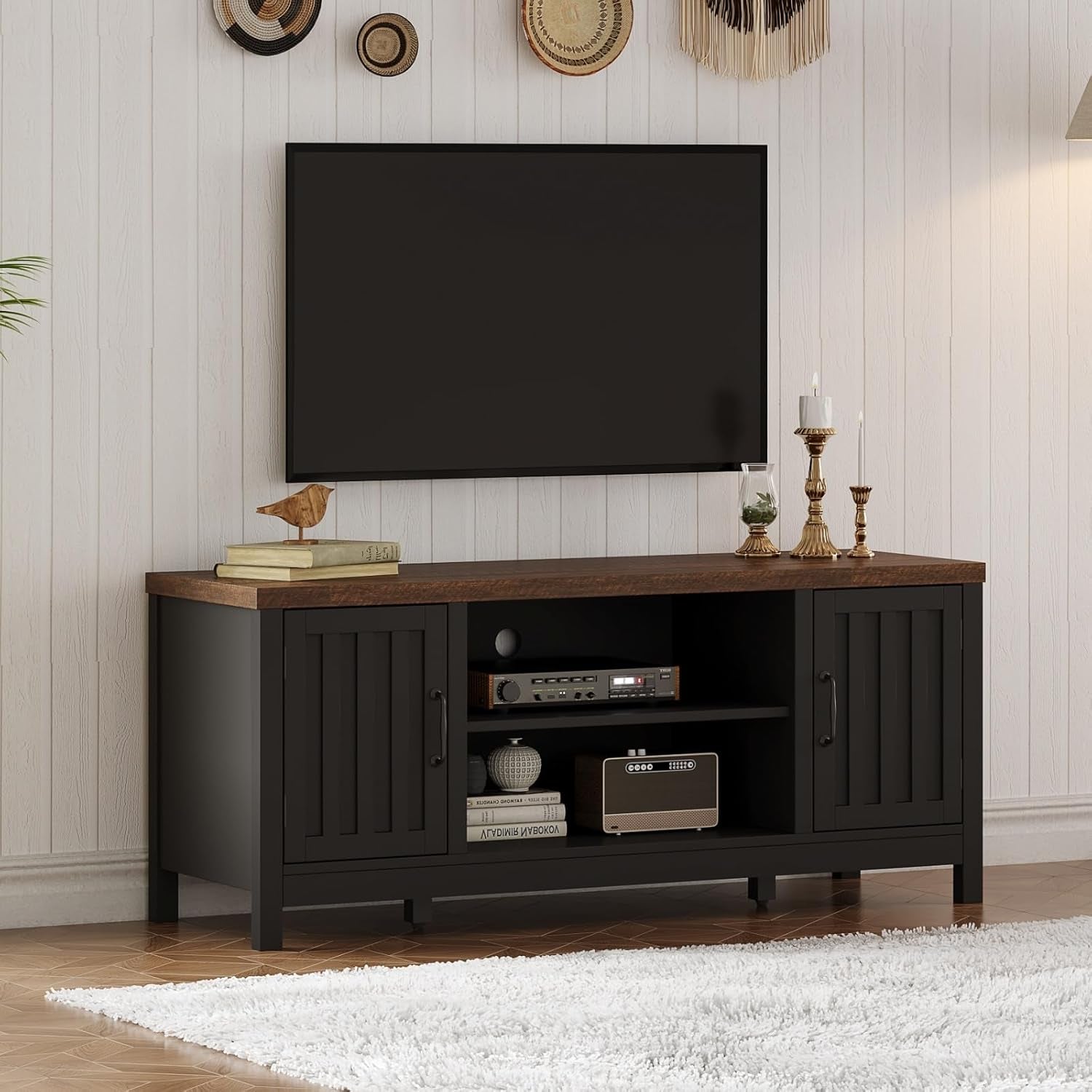 Farmhouse TV Stand for Televisions up to 55 Inches, Entertainment Center Console Table Media Furniture with Storage Cabinets and Open Shelves, Fluted Door, for Living Room Bedroom, Black