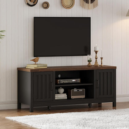 Farmhouse TV Stand for Televisions up to 55 Inches, Entertainment Center Console Table Media Furniture with Storage Cabinets and Open Shelves, Fluted Door, for Living Room Bedroom, Black
