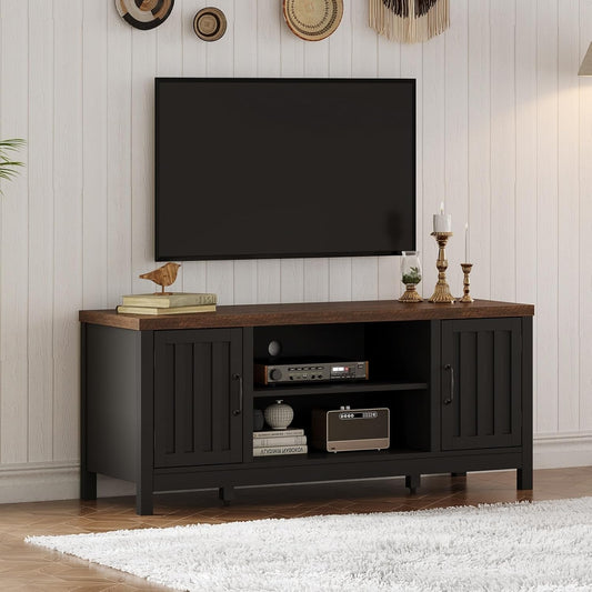 Farmhouse TV Stand for Televisions up to 55 Inches, Entertainment Center Console Table Media Furniture with Storage Cabinets and Open Shelves, Fluted Door, for Living Room Bedroom, Black