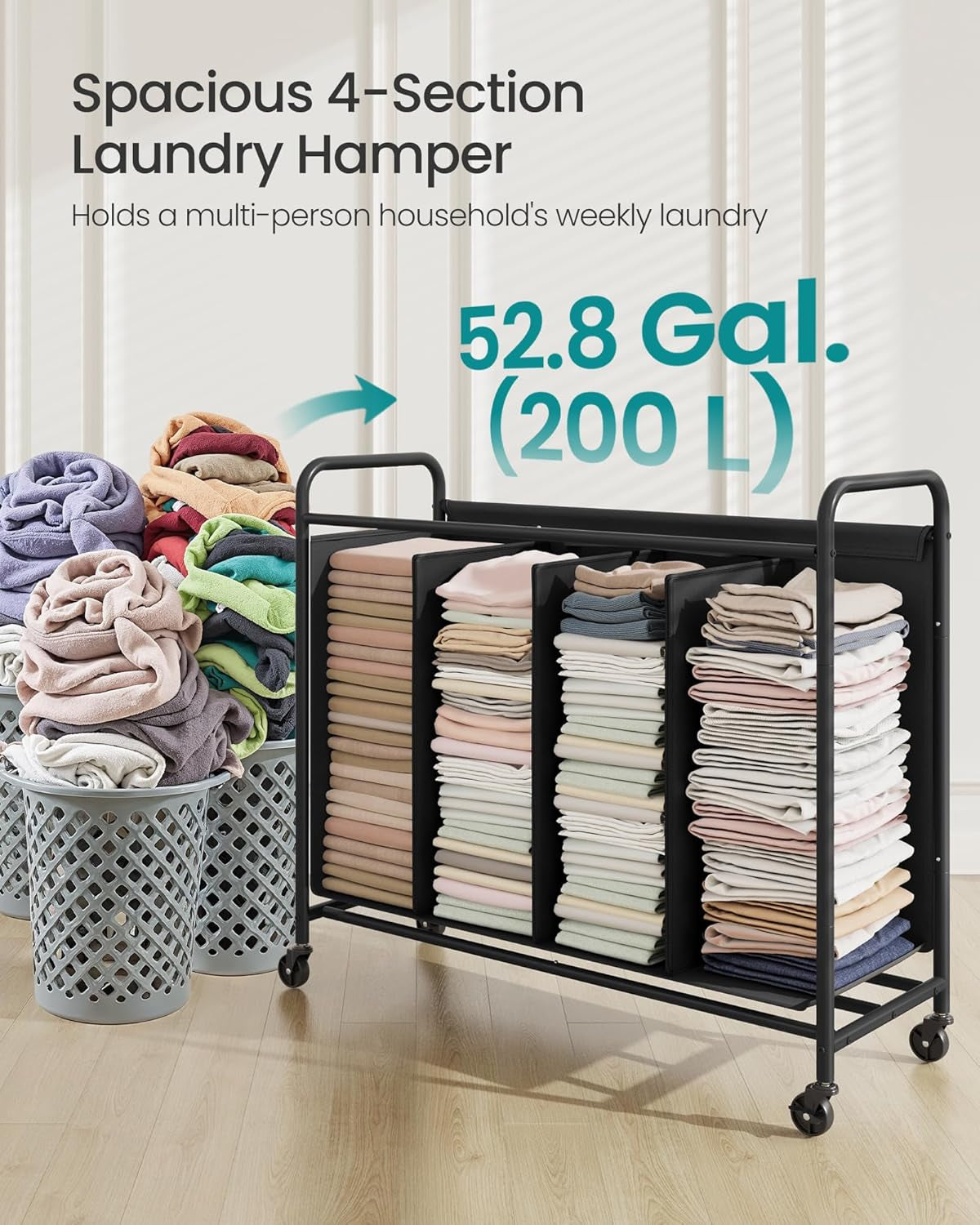 4-Section Laundry Sorter, Laundry Hamper with Wheels, Rolling Clothes Hamper Cart with Large Capacity and Removable Bags, for Laundry Room, Bedroom, Bathroom, Ink Black URLS460B01