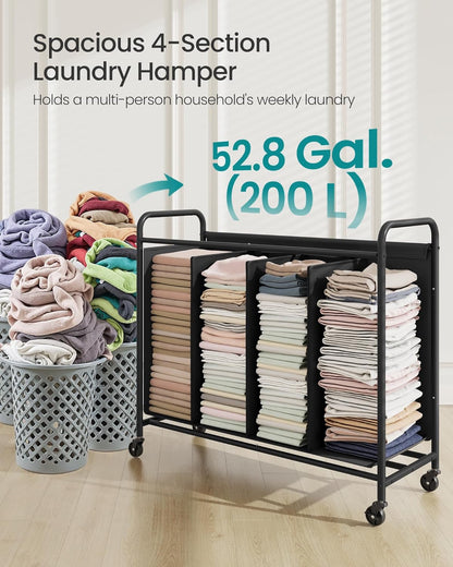 4-Section Laundry Sorter, Laundry Hamper with Wheels, Rolling Clothes Hamper Cart with Large Capacity and Removable Bags, for Laundry Room, Bedroom, Bathroom, Ink Black URLS460B01