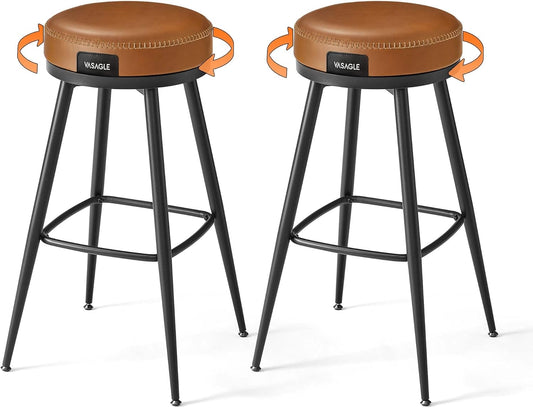 EKHO Collection - Swivel Bar Stools Set of 2, Bar Height Backless Bar Stools, Synthetic Leather with Stitching, Mid-Century Modern, 30-Inch Tall Kitchen Barstools for Home Bar, Caramel Brown