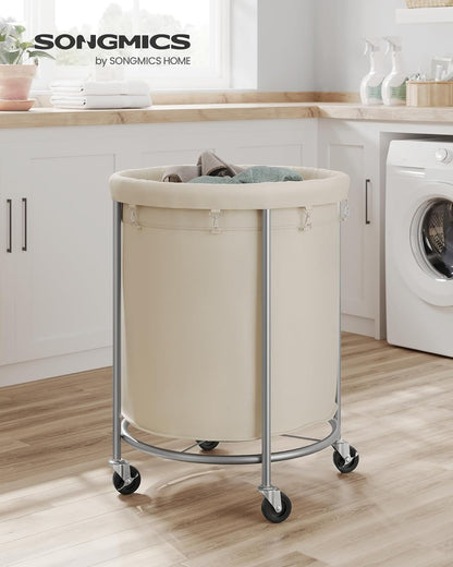 50.2-Gallon (190 L) Laundry Basket with Wheels, Rolling round Heavy-Duty Laundry Hamper Cart with Steel Frame and Removable Bag, 2 Locking Wheels, Cream White and Metallic Silver URLS01MZ