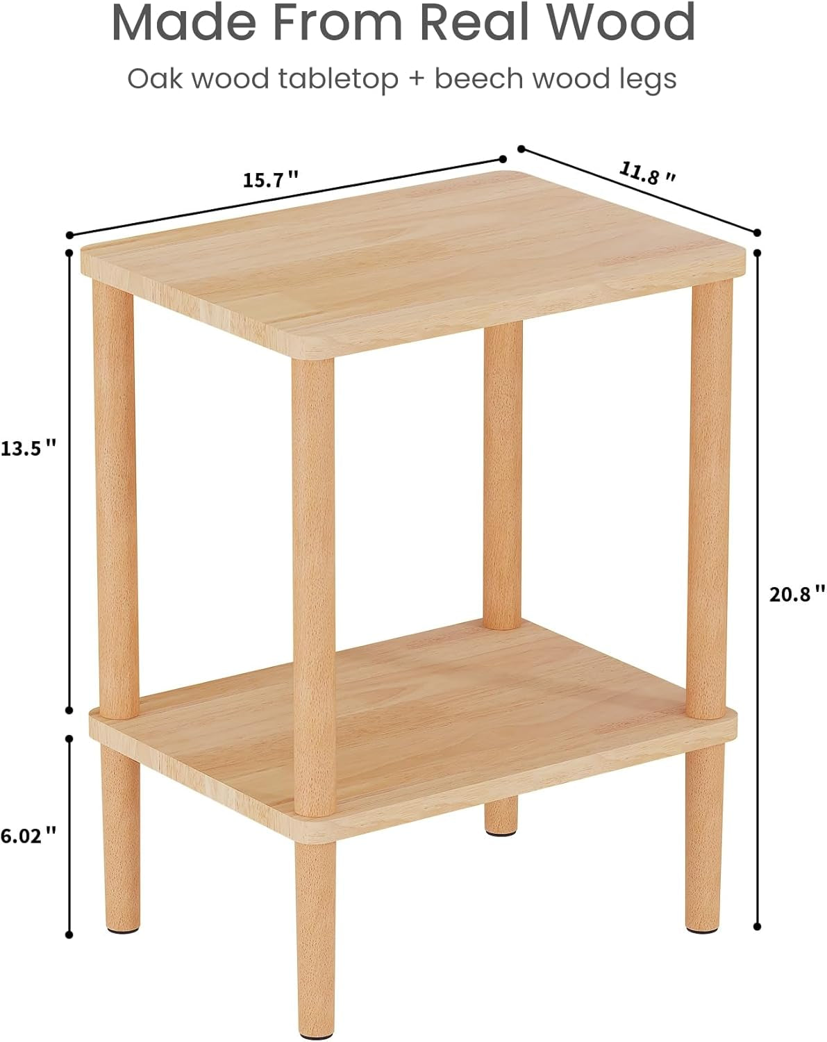 Solid Wood Side Table, 2-Tier Small End Table with Storage Shelf, Narrow Nightstand Bedside Table for Small Spaces, Bedroom, Living Room, Farmhouse, No-Tool Assembly.