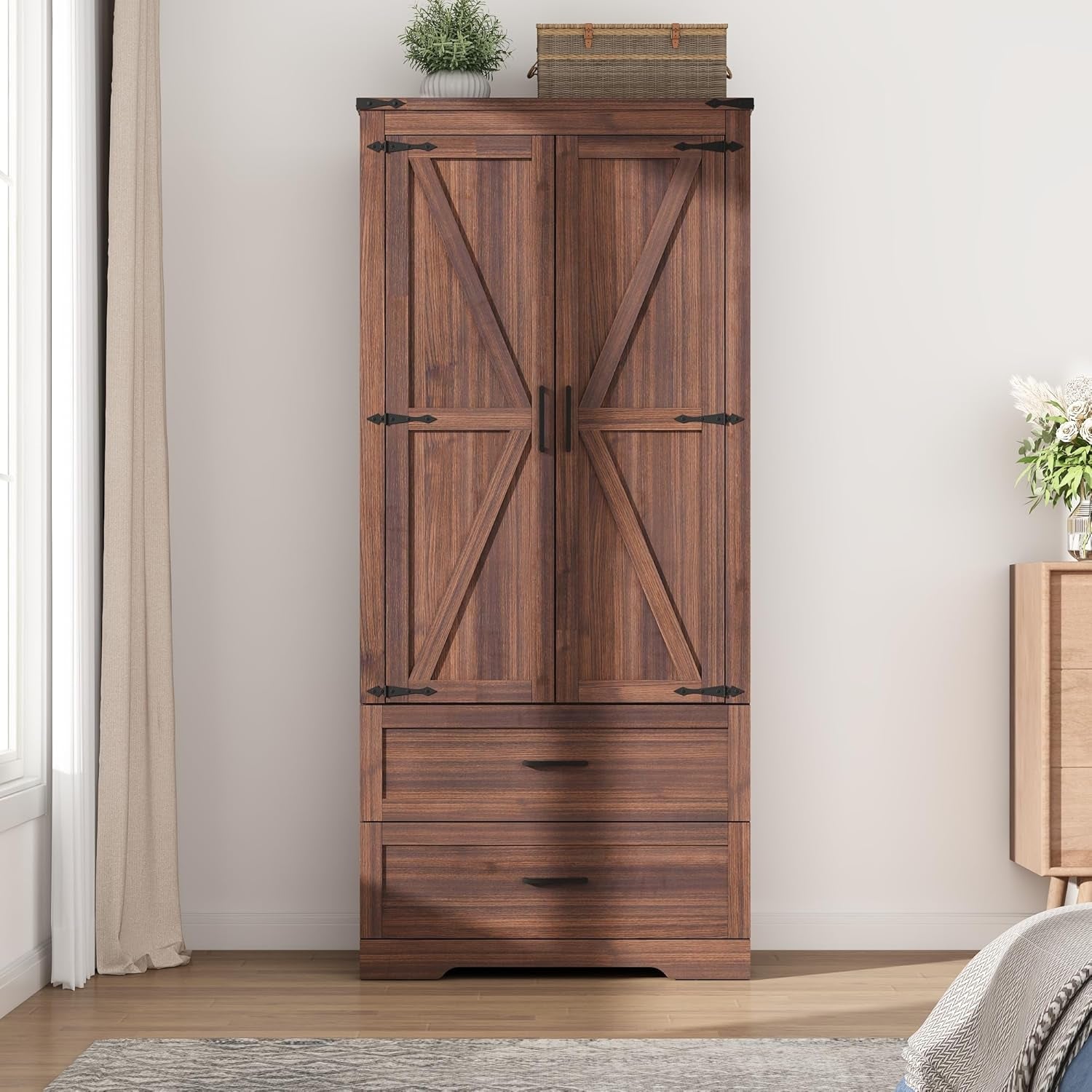 2 Doors Wardrobe Armoire Closet with Doors and Drawers, Farmhouse Wooden Armoire Storage Cabinet with Shelves & Hanging Rod for Bedroom, Brown