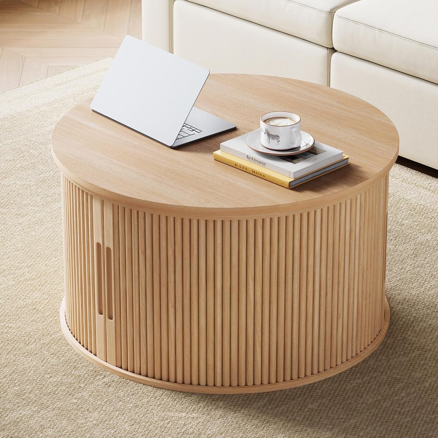 Lift Top Coffee Table, round Fluted Coffee Table with Storage, Boho Wooden Coffee Tables with Sliding Tambour Door, 31.5" Center Table for Living Room, Office, Small Space, Natural Oak