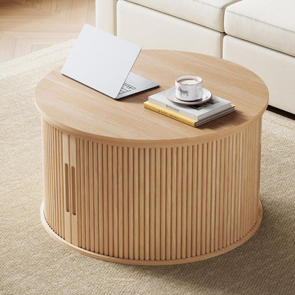 Lift Top Coffee Table, round Fluted Coffee Table with Storage, Boho Wooden Coffee Tables with Sliding Tambour Door, 31.5" Center Table for Living Room, Office, Small Space, Natural Oak
