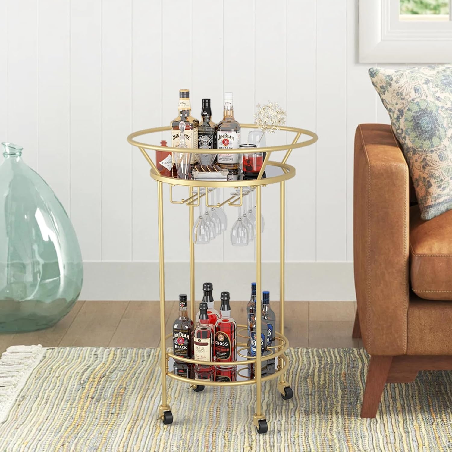 round Gold Rolling Bar Cart Wine Rack and Lockable Casters,2 Mirrored Shelves Serving Cart for Kitchen, Club, Living Room