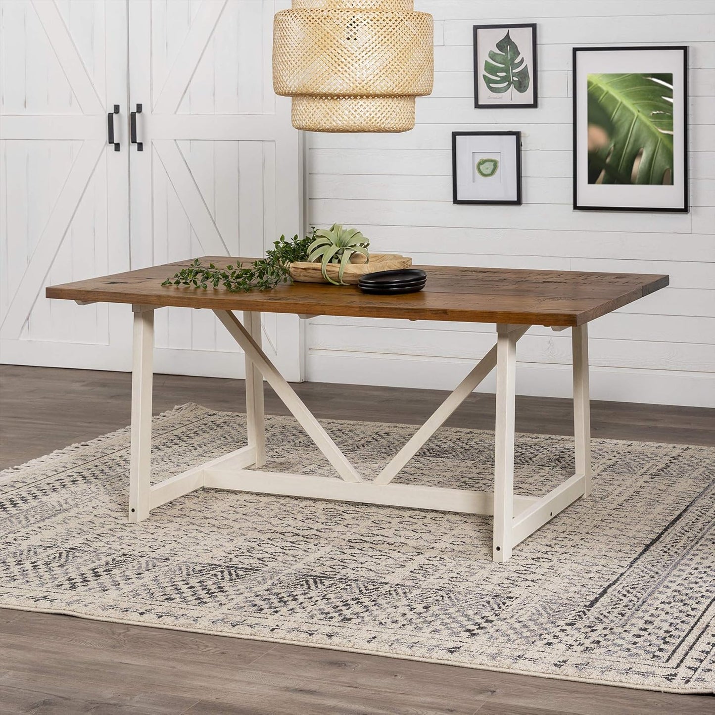 Modern Farmhouse Dining Table Wood Small Dining Room Table Sets Dining Chairs. 72 Inch. White and Rustic Oak