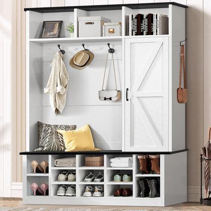 Farmhouse Mudroom Hall Tree with Shoe Storage, 79 Inch Hall Tree with Bench for Entryway, White Entryway Bench with Coat Rack and Barn Door, Adjustable Shoe Cubbies and 3-Tier Cabinet