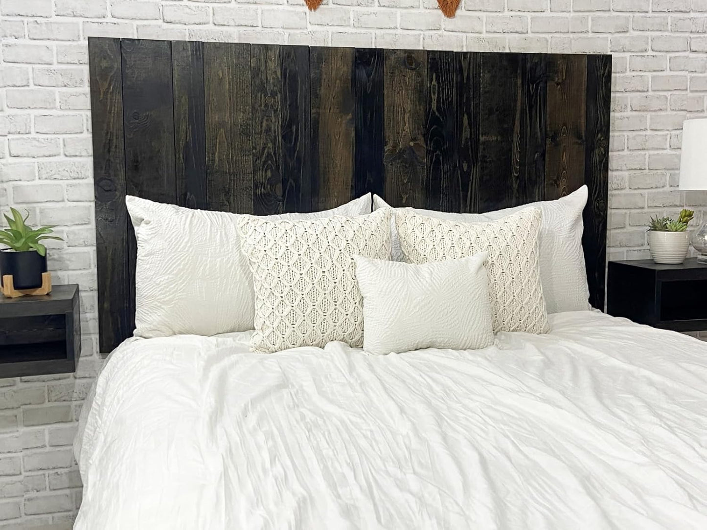 - King Size Headboard, Solid Wood Wall-Mounted Panels, Black Barrel Stain with Natural Wood Grain Variation, Rustic Modern Design, Durable, Fits King & Adjustable Beds, Bed Headboards
