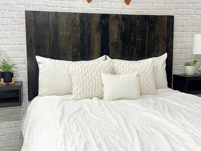 - King Size Headboard, Solid Wood Wall-Mounted Panels, Black Barrel Stain with Natural Wood Grain Variation, Rustic Modern Design, Durable, Fits King & Adjustable Beds, Bed Headboards