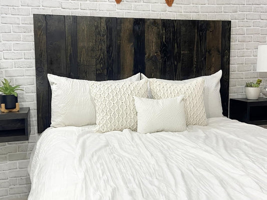 - King Size Headboard, Solid Wood Wall-Mounted Panels, Black Barrel Stain with Natural Wood Grain Variation, Rustic Modern Design, Durable, Fits King & Adjustable Beds, Bed Headboards