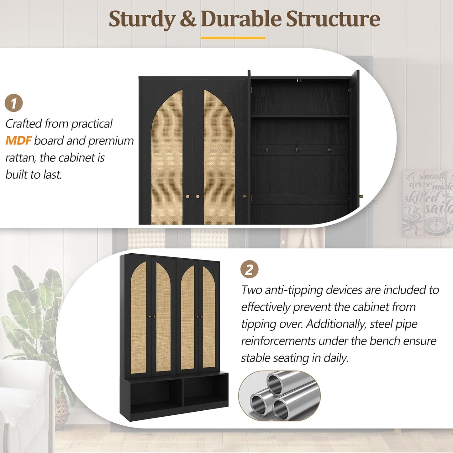 Farmhouse Hall Tree with 4 Rattan Doors & Bench - 55.1" Entryway Shoe Cabinet, 6 Hooks, Adjustable Shelf, Mid-Century Storage for Living Room, Black