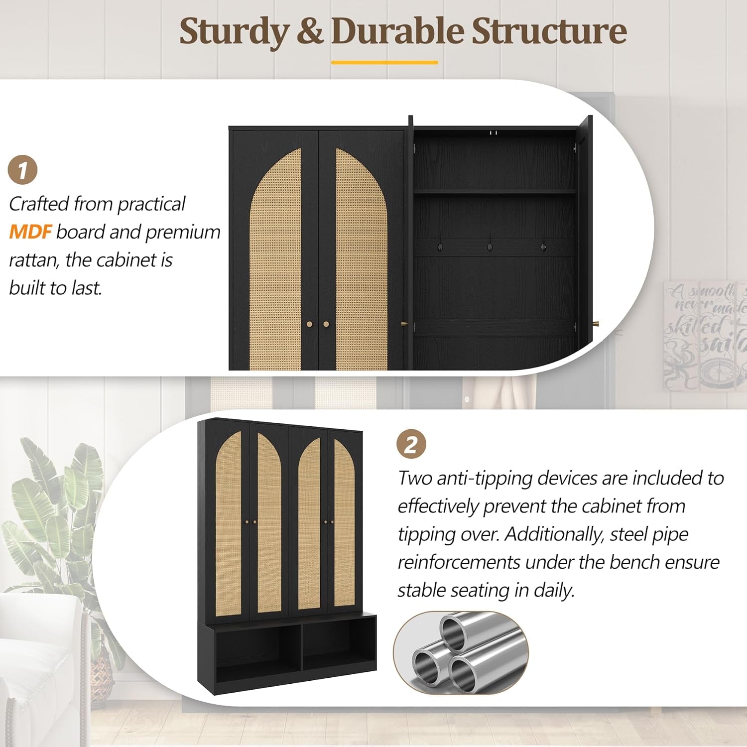 Farmhouse Hall Tree with 4 Rattan Doors & Bench - 55.1" Entryway Shoe Cabinet, 6 Hooks, Adjustable Shelf, Mid-Century Storage for Living Room, Black