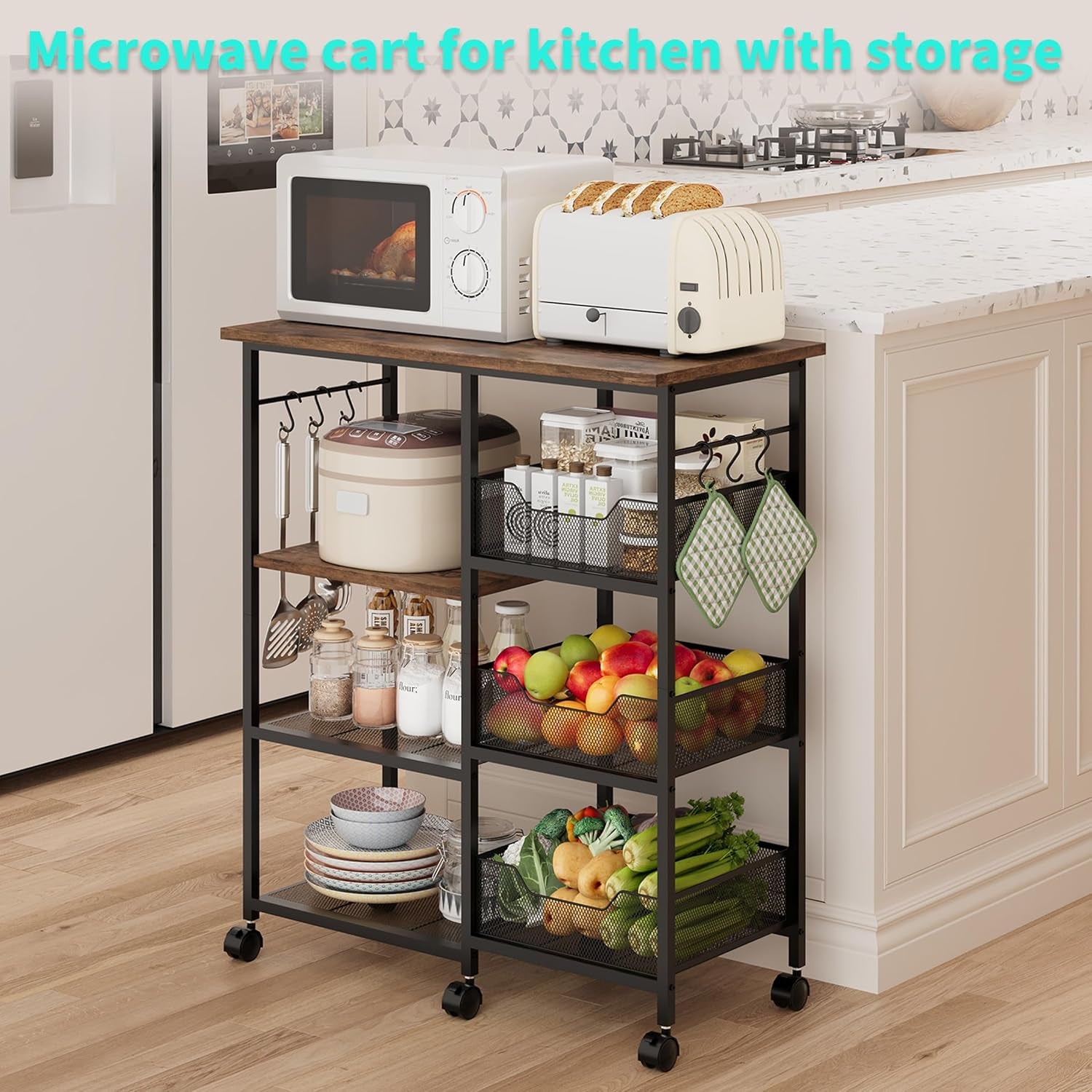 Rolling Kitchen Carts with Storage - Microwave Table Stand with 6 Hooks & 3 Baskets, Kitchen Island Cart on Lockable Wheels, 28.3" L × 14.6" W Bakers Rack Cart for Dining Room Coffee Bar Office