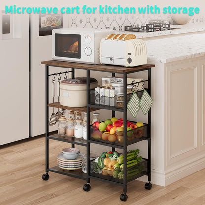 Rolling Kitchen Carts with Storage - Microwave Table Stand with 6 Hooks & 3 Baskets, Kitchen Island Cart on Lockable Wheels, 28.3" L × 14.6" W Bakers Rack Cart for Dining Room Coffee Bar Office