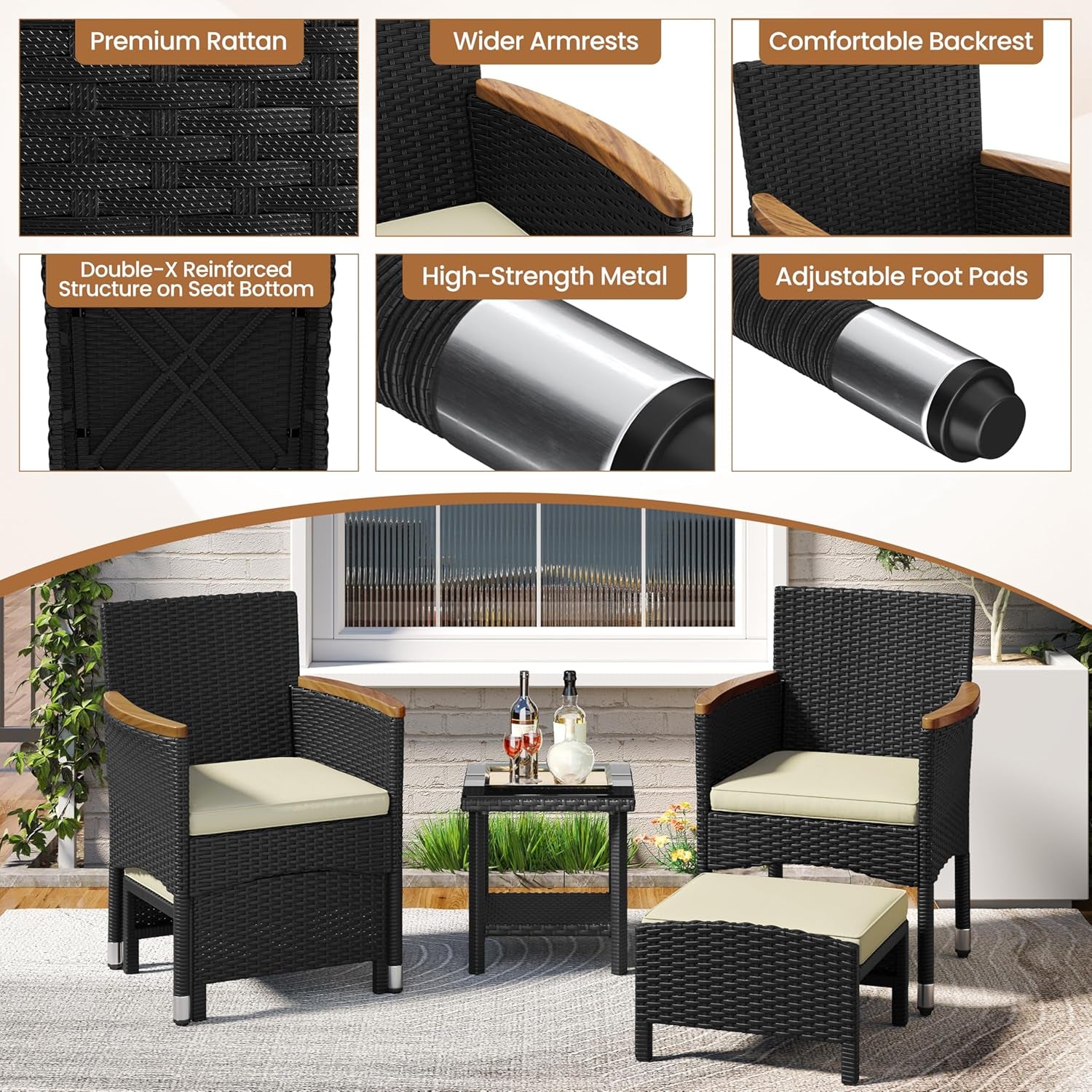 5 Piece Patio Conversation Set, Outdoor Wicker Bistro Furniture, PE Wicker Outdoor Rattan Chairs Set with Coffee Table for Porch, Poolside, Lawn, Garden, Balcony