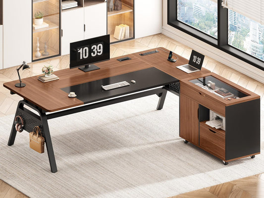 L Shaped Computer Desk with Mobile File Cabinet & Power Outlets, Executive Home Office Desk with Storage Drawers, Pegboard, Cable Management, Reversible L Desk for Work & Gaming, Black + Brown