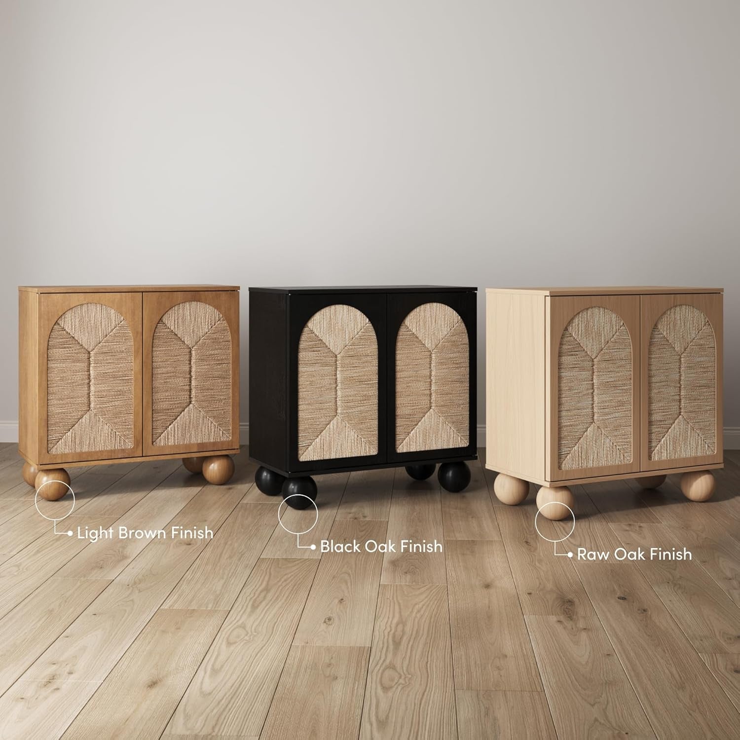 Leah Boho Entryway Storage Cabinet or Sideboard Cabinet for Kitchen or Living Room with Ball-Style Feet, Natural Seagrass Door Fronts and Solid Wood Legs, Light Brown