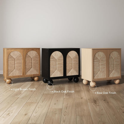 Leah Boho Entryway Storage Cabinet or Sideboard Cabinet for Kitchen or Living Room with Ball-Style Feet, Natural Seagrass Door Fronts and Solid Wood Legs, Light Brown