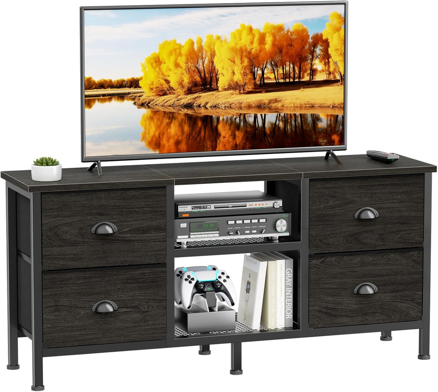 TV Stand with 4 Drawers, 43 Inch Entertainment Center with Open Shelves, Media Center for 50" TV, Television Stand for Bedroom, Living Room/Light Black Oak