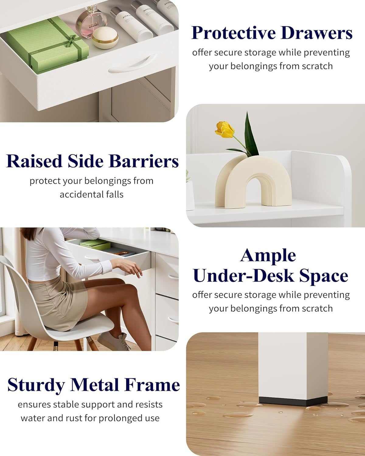 Vanity Desk with Mirror and Lights - Large Capacity Makeup Vanity with 4 Fabric Storage Drawers & 3 Lighting Modes, Vanity Table Set with Sturdy Metal Frame for Bedroom, White, 35" X 17" X 52"