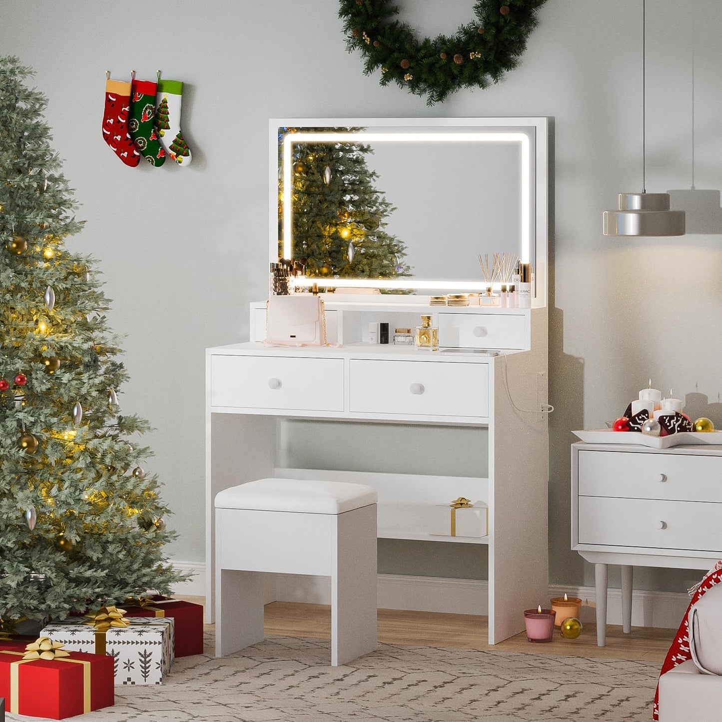 Vanity Desk with Mirror and LED Lights, White Makeup Vanity with Power Outlet, Storage Drawers and Chair, Dressing Table Set for Bedroom Dressing Room