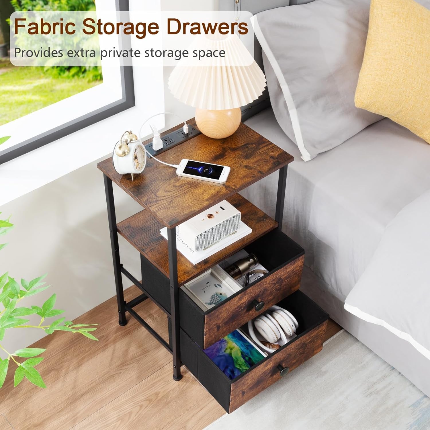 Night Stand Set 2, Nightstand with Charging Station, End Tables with Storage Shelf for Small Spaces, Bedside Table Side Tables with 2 Fabric Drawers for Bedroom, Rustic Brown, HETS020PBR