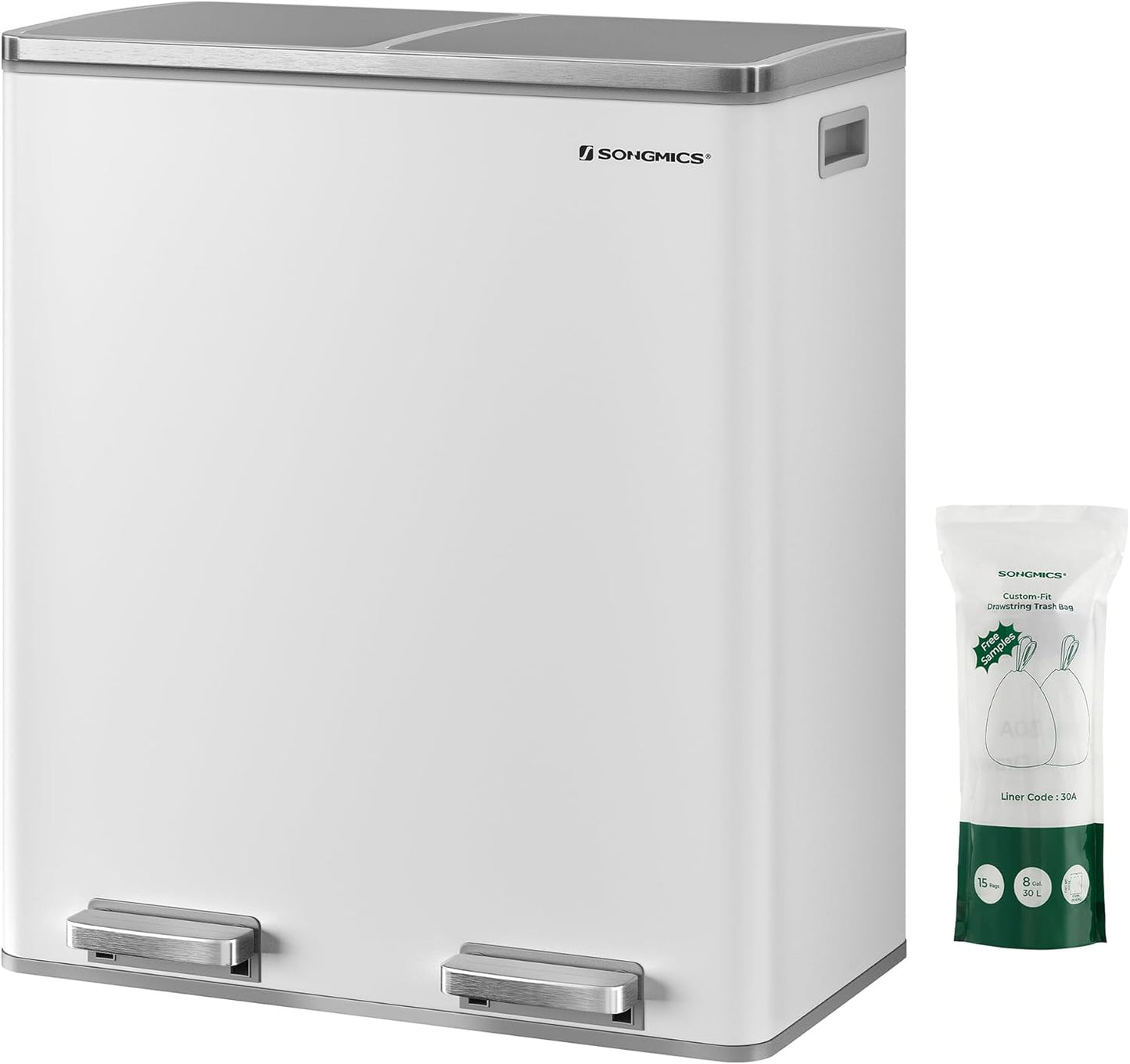 Trash Can, 2 X 8 Gallon (2 X 30 L) Garbage Can for Kitchen, with 15 Trash Bags, 2 Compartments, Plastic Inner Buckets and Hinged Lids, Airtight, Silver and Black ULTB60NL