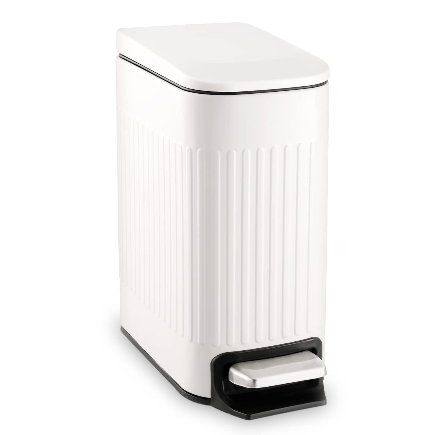 Small Bathroom Trash Can with Lid, 1.6 Gallon Stainless Steel Slim Garbage Can with Foot Pedal, Slim Wastebasket for Bathroom, Office, White