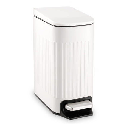 Small Bathroom Trash Can with Lid, 1.6 Gallon Stainless Steel Slim Garbage Can with Foot Pedal, Slim Wastebasket for Bathroom, Office, White