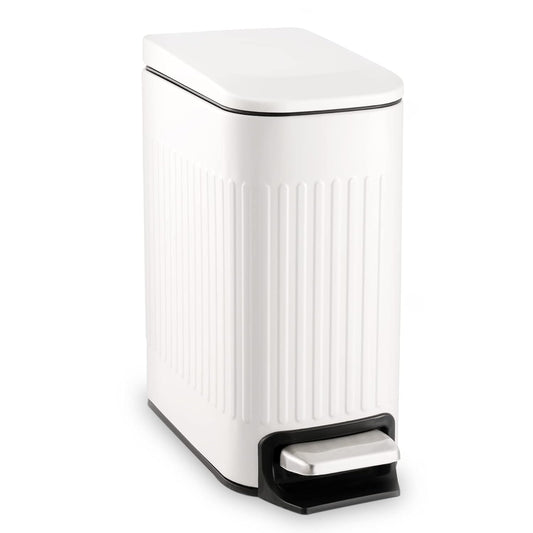 Small Bathroom Trash Can with Lid, 1.6 Gallon Stainless Steel Slim Garbage Can with Foot Pedal, Slim Wastebasket for Bathroom, Office, White