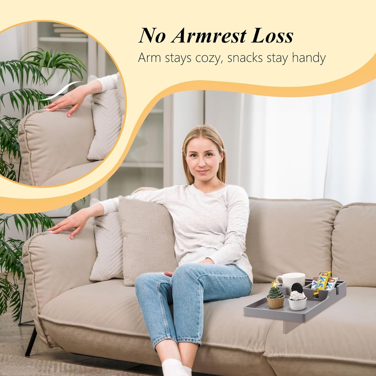 Couch Tray Insert for Middle, Bamboo 15.3″X9.8″ Sofa 2 Cups Holder Table between Couch Cushions, Fit Armless Couch/Sectional, 2-In-1 Fold-Flat Tray for Drink Snack Remote Holder, Gray