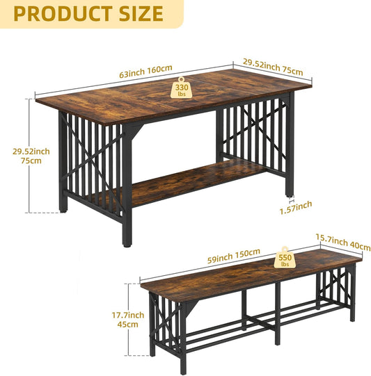 3-Piece Dining Table Set for 4-6 People, 63" Dining Room Table with 2 Benches, Industrial Rectangular Dining Room Table Set with Storage for Kitchen, Dining Room, Rustic Brown