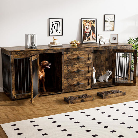 94.5" Dog Crate Furniture for 2 Dogs, Large Dog Kennel Furniture with 3 Storage Drawer, Wooden Dog Cage with 4 Bowls, Indoor Dog House TV Stand with Locks for Large Medium Dog, Rustic Brown