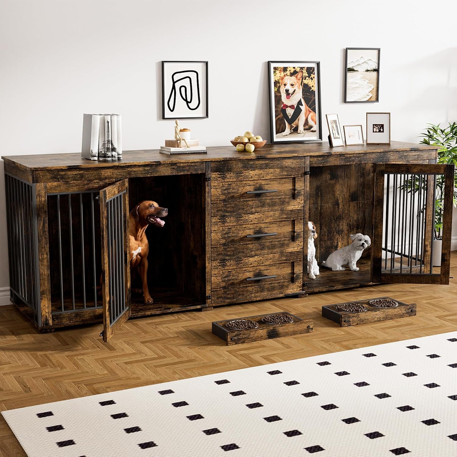 94.5" Dog Crate Furniture for 2 Dogs, Large Dog Kennel Furniture with 3 Storage Drawer, Wooden Dog Cage with 4 Bowls, Indoor Dog House TV Stand with Locks for Large Medium Dog, White Brown